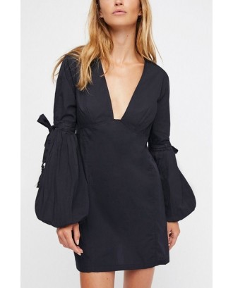Black Plunging V Neck Tied Puff Sleeve Buttoned Sexy Dress