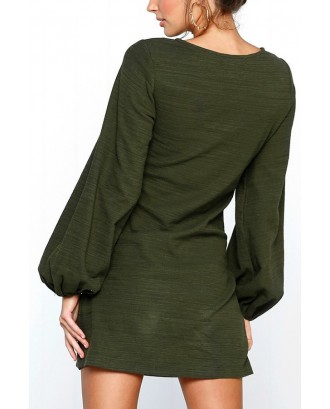 Army-green Round Neck Long Sleeve Tied Casual Mini Dress