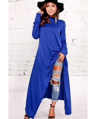 Blue Hooded Long Sleeve Asymmetric Sweatshirt Dress