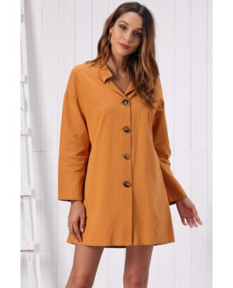 Orange Button Up Long Sleeve Casual Dress