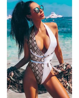 Snakeskin Strappy Plunging High Cut Sexy One Piece Swimsuit