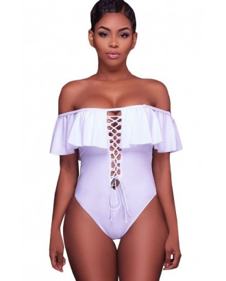 White Off Shoulder Strappy Lace Up Caged Ruffled Cutout Back Sexy One Piece Swimsuit