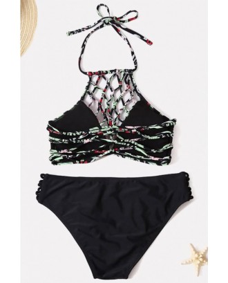 Black Floral Print Caged Strappy Halter Sexy Bikini Swimsuit