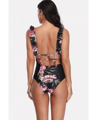Black Floral Print Ruffles Trim Backless Sexy One Piece Swimsuit