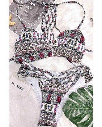White Triangle African Tribal Print Strappy Cutout Caged Ruffle Trim Sexy Two Piece Bikini Swimsuit