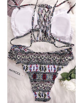 White Triangle African Tribal Print Strappy Cutout Caged Ruffle Trim Sexy Two Piece Bikini Swimsuit