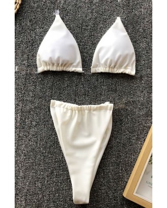 Beige Clear Strap Halter Triangle Skimpy Thong Brazilian Micro Bikini