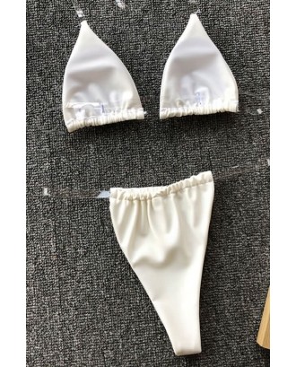 Beige Clear Strap Halter Triangle Skimpy Thong Brazilian Micro Bikini