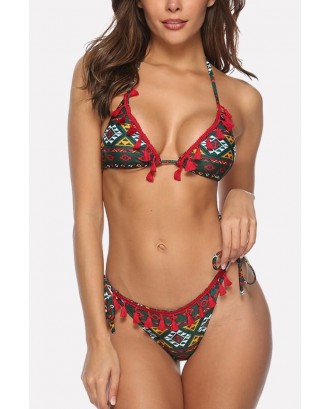 Red Ethnic Geo Tassels Triangle Tie Sides Sexy Micro Bikini