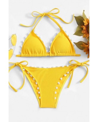 Yellow Pom Pom Halter Triangle Tie Sides Skimpy Sexy Bikini