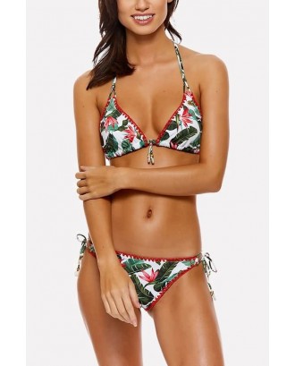 Green Leaf Printed Halter Triangle Tie Sides Skimpy Sexy Bikini