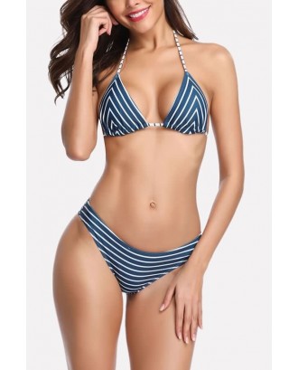 Dark-blue Stripe Halter Triangle High Cut Sexy Micro Bikini