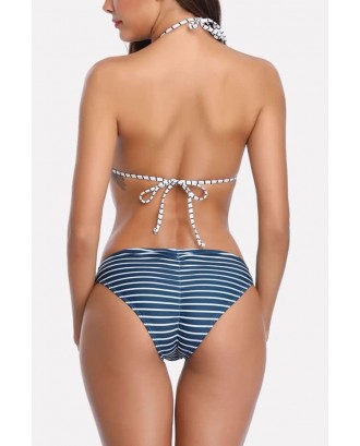 Dark-blue Stripe Halter Triangle High Cut Sexy Micro Bikini