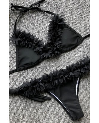 Black Applique Halter Triangle Tie Sides Thong Sexy Micro Bikini