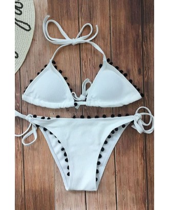 White Pom Pom Halter Triangle Tie Sides Skimpy Sexy Bikini