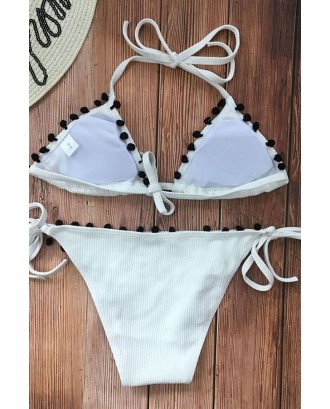 White Pom Pom Halter Triangle Tie Sides Skimpy Sexy Bikini