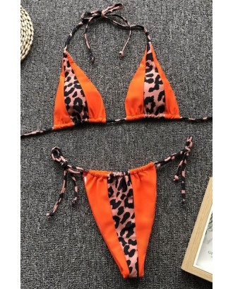 Coral Leopard Print Halter Triangle Tie Sides Thong Sexy Bikini