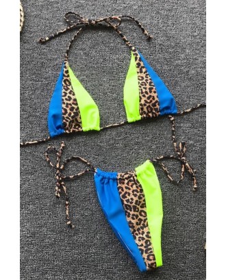Blue Leopard Print Halter Triangle Tie Sides Thong Sexy Bikini