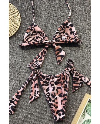 Leopard Knotted Halter Triangle Tie Sides Thong Sexy Micro Bikini
