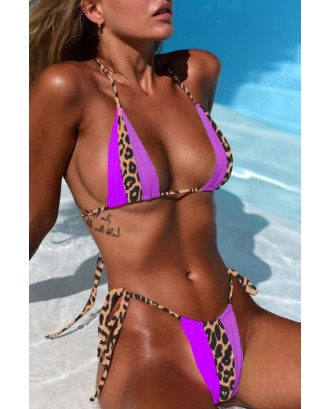 Purple Leopard Print Halter Triangle Tie Sides Thong Sexy Bikini