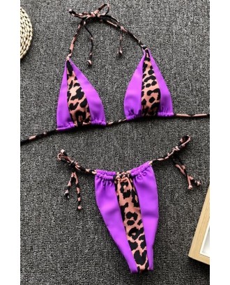 Purple Leopard Print Halter Triangle Tie Sides Thong Sexy Bikini