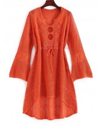 Cutout Drawstring Crochet Dress - Papaya Orange