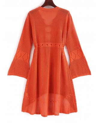 Cutout Drawstring Crochet Dress - Papaya Orange