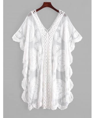 Embroidered Sheer Mesh Kaftan Dress - White
