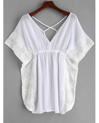 Lace Trim Crisscross Kaftan Dress - White S