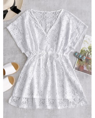 Drawstring Lace Cover-up Dress - White