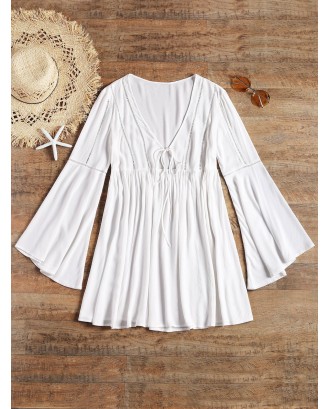 Long Flare Sleeve Tie Front Beach Dress - White L