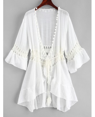Pom-pom Crochet Panel Beach Dress - White