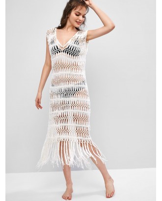 Openwork Plunging Tassel Cover Up Dress - White