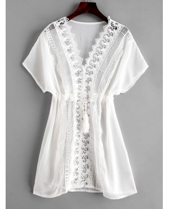 Crochet Plunging Batwing Sleeve Cover Up Dress - Milk White