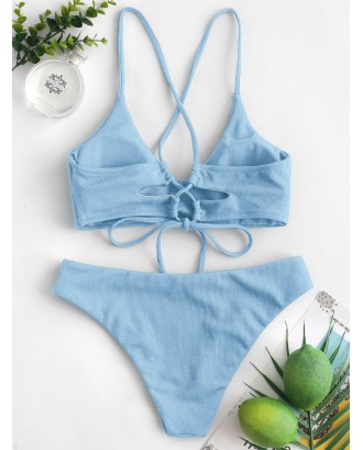  Criss Cross Textured Padded Bikini Swimsuit - Denim Blue S