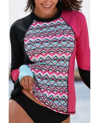 Hot-pink Color Block Long Sleeve Rash Guard Surfing Swimsuit Top