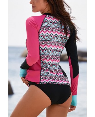 Hot-pink Color Block Long Sleeve Rash Guard Surfing Swimsuit Top