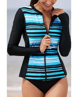 Blue Striped Zip-up Long Sleeve Surfing Rash Guard Swimsuit Top