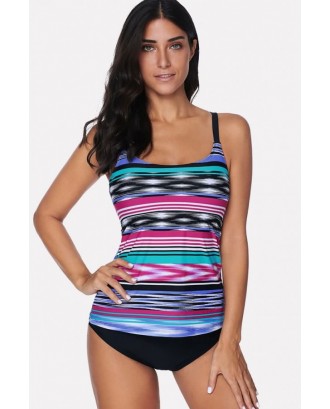 Hot-pink Striped Strappy Back Sexy Plus Size Tankini Top