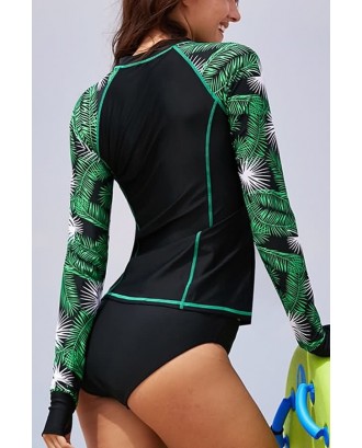 Green Palm Leaf Print Long Sleeve Rash Guard Surfing Swimsuit Top