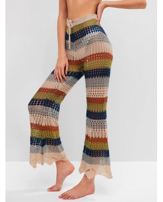 Drawstring Multi-striped Bootcut Crochet Pants - Multi-a S