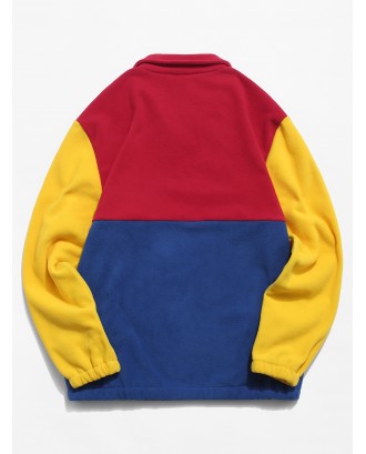 Colorblock Splicing Half Zipper Fuzzy Pullover Sweatshirt - Red L