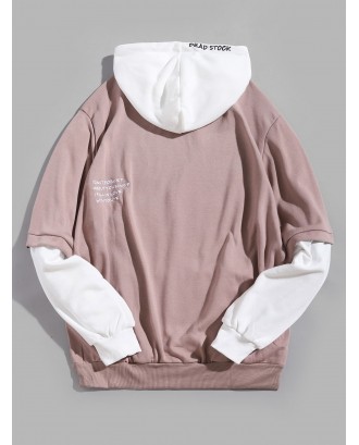 Contrast Faux Twinset Letter Embroidery Drawstring Hoodie - Pink Rose M
