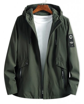 Letter Patch Solid Zipper Hooded Jacket - Army Green L