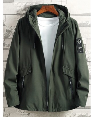 Letter Patch Solid Zipper Hooded Jacket - Army Green L