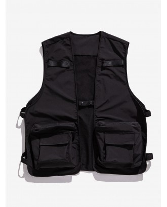 Solid Color Zipper Pocket Cargo Strap Vest - Black L