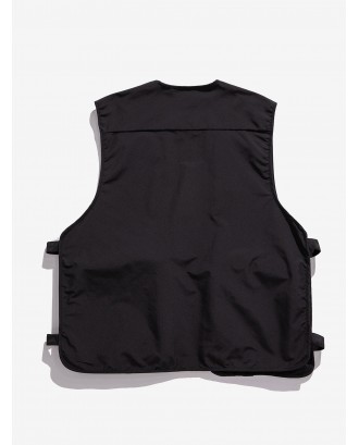 Solid Color Zipper Pocket Cargo Strap Vest - Black L