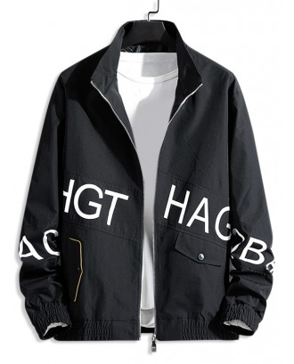Letter Graphic Print Zip Up Casual Jacket - Black S