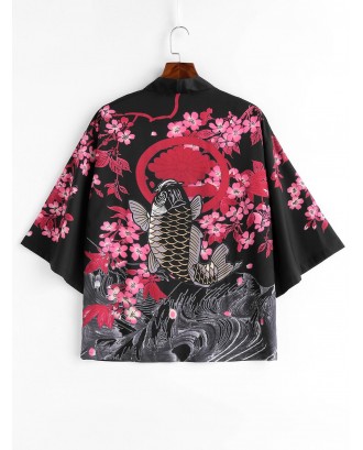 Flower Fish Print Kimono Style Jacket - Black L