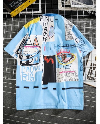 Letters Painting Graphic Print Casual Shirt - Deep Sky Blue M